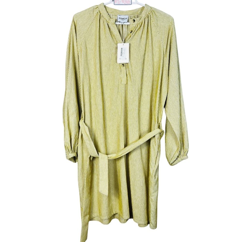 FRNCH Paris Lemon Yellow Striped Textured Tunic Dress with Belt women Size S